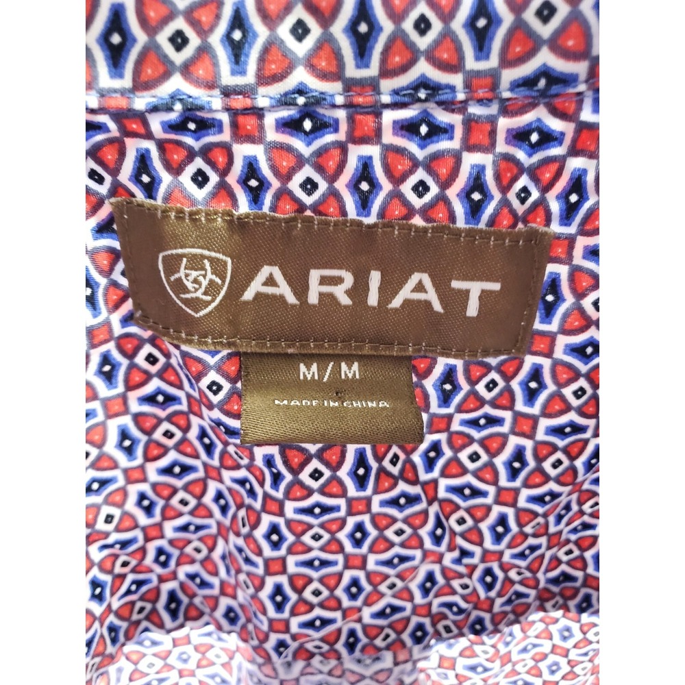 Ariat Mens Long Sleeve Button Down Shirt Red White Blue Geometric Print M